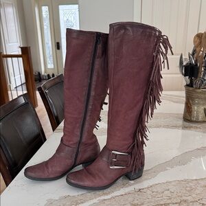 Fringe Knee-High Boots - Burgundy